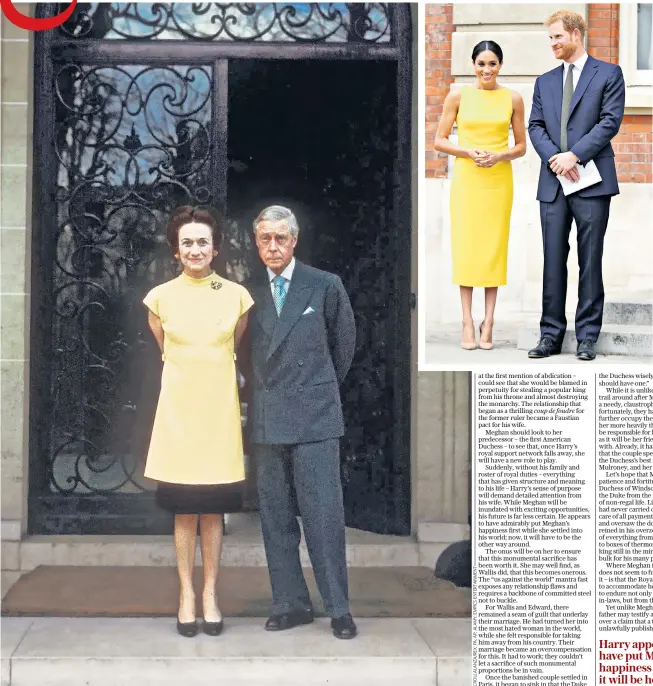  ??  ?? History repeating: the Duke and Duchess of Sussex, left, could learn from the experience of the Duke and Duchess of Windsor, pictured in 1966, far left. The Duke of Sussex at possibly his last engagement as a senior royal, below left