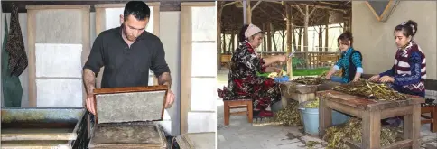  ??  ?? (Left) Working at the paper mill in the village of Koni Ghil. • (Right) Zarif Mukhtarov’s paper mill in the village of Koni Ghil, outside Samarkand. The passage of time seems to have slowed down at Zarif Mukhtarov’s paper mill in a village not far from...