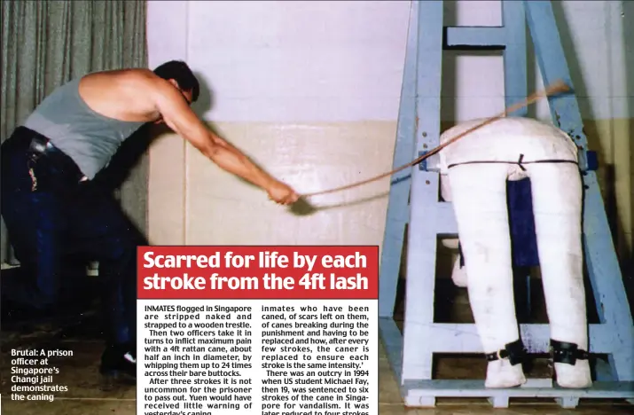  ??  ?? Brutal: A prison officer at Singapore’s Changi jail demonstrat­es the caning
