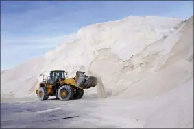  ?? ELISE AMENDOLA ?? A front loader works at a large pile of road salt, Wednesday, Dec. 16, 2020, in Chelsea, Mass., as preparatio­n continues for a storm that is expected to dump a foot or more of snow throughout the Northeast.