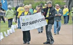  ?? DESIREE ANSTEY/ JOURNAL PIONEER ?? Eileen Sears, left, and her brother, Nelson Blanchard, hold the Relay for Life survivor banner in memory of their brother, Wayne, who passed away two months ago from a cancerous brain tumour.