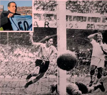  ?? REUTERS ?? Il gol di Ghiggia il 16-7-1950 col Brasile al Mondiale. Nel riquadro qualche anno fa a Montevideo