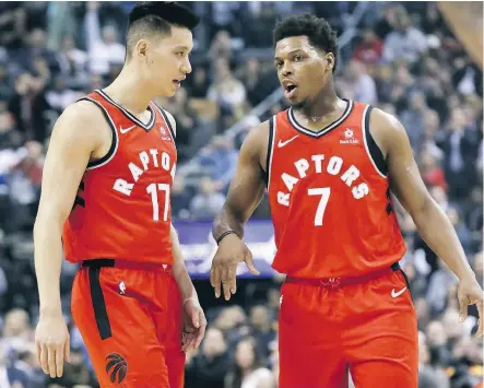  ?? VERONICA HENRI / POSTMEDIA NEWS ?? Toronto Raptors guards Jeremy Lin, left, and Kyle Lowry are merely two of the team’s threats from three-point distance, where the team is shooting 37 per cent in its 43 wins this season.