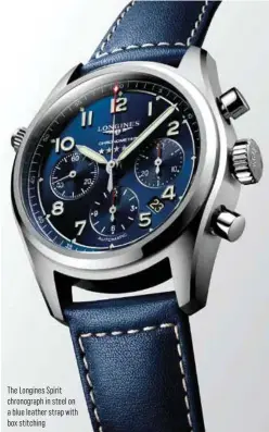  ??  ?? The Longines Spirit chronograp­h in steel on a blue leather strap with box stitching