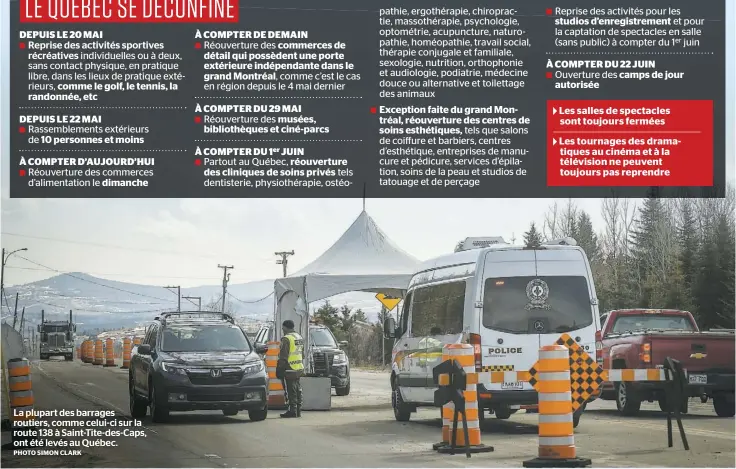  ?? PHOTO SIMON CLARK ?? La plupart des barrages routiers, comme celui-ci sur la route 138 à Saint-Tite-des-Caps, ont été levés au Québec.