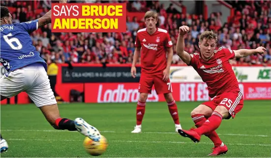  ??  ?? Brucie bonus: Aberdeen youngster Anderson fires in Aberdeen’s injury-time equaliser against Rangers to earn his side a point