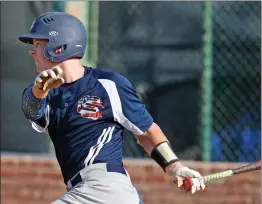  ?? Katharine Lotze/The Signal ?? Saugus’ Andrew Sharp heads for first base during a Valley Invitation­al Baseball League playoffs game at Canyon on Wednesday.