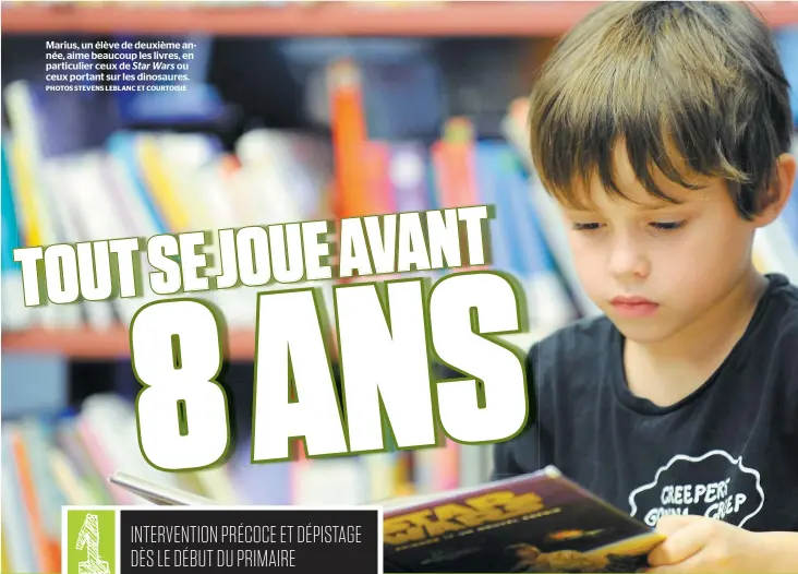  ?? PHOTOS STEVENS LEBLANC ET COURTOISIE ?? Marius, un élève de deuxième année, aime beaucoup les livres, en particulie­r ceux de Star Wars ou ceux portant sur les dinosaures.