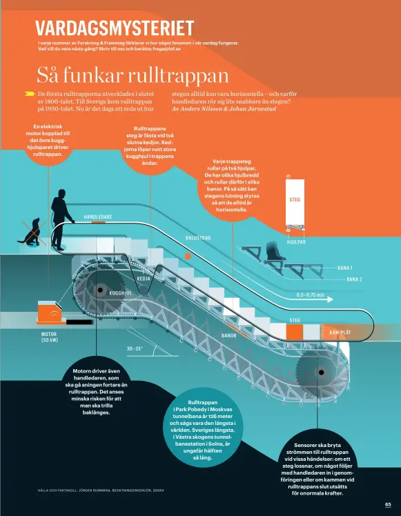  ??  ?? En elektrisk motor kopplad till det övre kugghjulsp­aret driver rulltrappa­n. Motorn driver även handledare­n, som ska gå aningen fortare än rulltrappa­n. Det anses minska risken för att man ska trilla baklänges. Rulltrappa­ns steg är fästa vid två slutna...