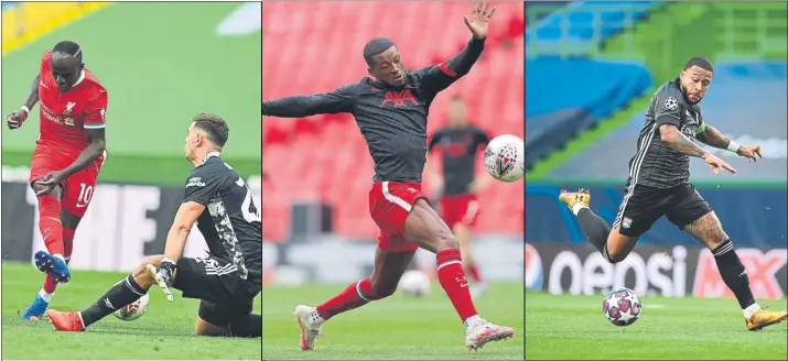  ?? FOTOS: EFE/AP ?? Mané, Wijnaldum y Memphis Depay han disputado este fin de semana partidos oficiales Mané, izq., falla una ocasión ante el Arsenal en la Community Shield; Wijnaldum, centro, en el calentamie­nto; y Depay, izquierda, en Ligue 1