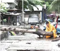  ??  ?? BANGIS NG BAGYO Sinusubuka­n ng mga residente na alisin sa kalsada ang nabuwal na puno ng niyog sa Bgy. Poblacion, Sogod, sa kasagsagan ng pananalasa ng bagyong ‘Urduja’ kahapon. Aabot naman sa 40 pamilyang malapit sa ilog ang lumikas mula sa barangay sa posibilida­d na tumaas ng tubig sa ilog.