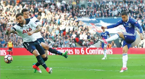  ?? PETER NICHOLLS / REUTERS ?? Eden Hazard unleashes a left-foot strike to put Chelsea 3-2 up in the FA Cup semifinal against Tottenham Hotspur at Wembley Stadium, London, on Saturday. Nemanja Matic added another late goal as the Blues ran out 4-2 winners.