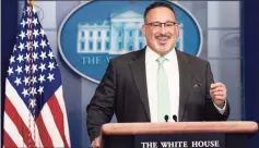  ?? Andrew Harnik / Associated Press ?? Education Secretary Miguel Cardona speaks during a press briefing at the White House in Washington, D.C., on Wednesday.