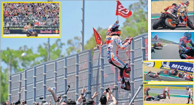  ??  ?? LÍO. Marc Márquez finalizó la carrera en primera posición ajeno a la caída conjunta que sufrieron Pedrosa, Lorenzo y Dovizioso en la curva seis de Jerez.