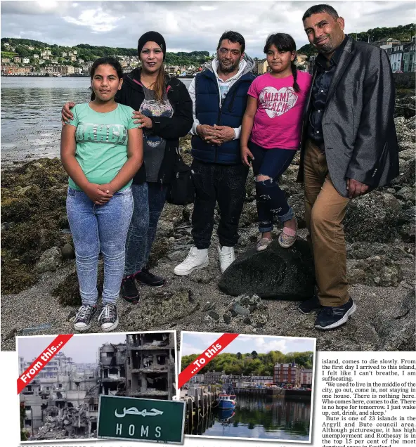  ??  ?? ESCAPE FROM TERROR: The families fled from war-torn Homs and ended up in the sleepy seaside town of Rothesay
DESPERATE TO LEAVE: Hassan, far right, and Fatima with their children and Abd, centre, in Rothesay