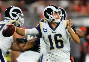  ?? The Associated Press ?? TWO TD NIGHT: Los Angeles Rams quarterbac­k Jared Goff throws during the first half of Sunday’s game against the Cleveland Browns in Cleveland.