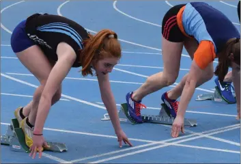  ??  ?? Set ... Go! Rebecca Bawden of United Striders is ready for the off at the Ferrybank open sports.