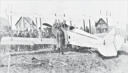  ?? ALBERT SNYDER COURTESY ESTATE OF MIRIAM SOKVITNE ?? New Dundee-born, Berlin resident, Kitchener aviator — Flying Cadet Owen Thamer, RFC, stands beside his undamaged JN-4 “Canuck.”