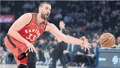  ?? FRANK FRANKLIN II THE ASSOCIATED PRESS ?? One of head coach Nick Nurse’s solutions to any offensive woes the Raptors might have going forward is: “Throw the ball to Marc (Gasol) and everybody start cutting.” The 35-year-old Gasol has played only one game since Jan. 28.