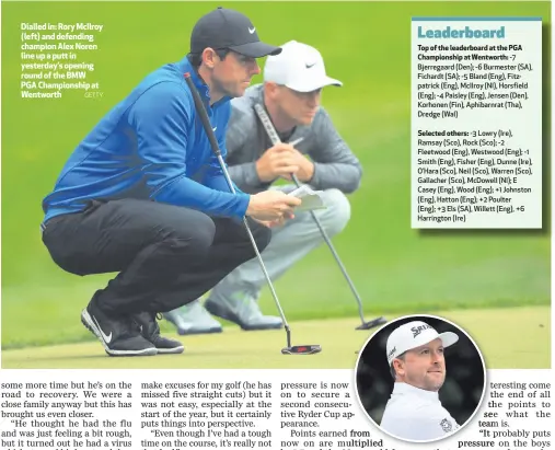  ?? GETTY ?? Dialled in: Rory McIlroy (left) and defending champion Alex Noren line up a putt in yesterday’s opening round of the BMW PGA Championsh­ip at Wentworth