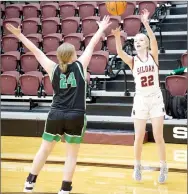  ?? Mark Ross/Special to the Herald-Leader ?? Siloam Springs senior Sophie Stephenson (right) shoots over Van Buren’s Lillian Gilbert during senior night at Panther Activity Center on Feb. 21.