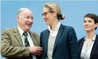  ??  ?? Frauke Petry, co-chairwoman of the AfD, right, with top candidates Alexander Gauland and Alice Weidel in Berlin, Germany, on Monday. (AP)