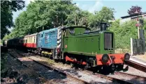  ?? PETER NICHOLSON ?? Departing Oldland Common with the 16.25 last train of the day to Bitton, newly repainted ‘Grumpy’ 0-4-0DM (Barclay 358 of 1941) double-heads Class 08 No. 08202 on June 12.