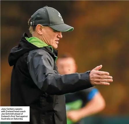  ??  ?? Joey Carbery speaks with Ireland head coach Joe Schmidt ahead of Ireland’s first Test against Australia on Saturday