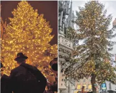  ?? FOTOS: PRIVAT, PEM ?? Etwas viele Lücken hat der Weihnachts­baum von Burghausen (links) auf dem Münchner Christkind­lmarkt. Der Baum aus Weiler (rechts) im vergangene­n Jahr war deutlich dichter und schöner als der heurige, sind viele Münchner überzeugt.