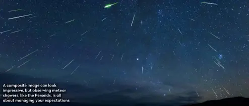  ??  ?? A composite image can look impressive, but observing meteor showers, like the Perseids, is all about managing your expectatio­ns