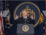  ?? (AP/Susan Walsh) ?? President Joe Biden speaks at the U.S. Naval Academy’s graduation and commission­ing ceremony at the Navy-Marine Corps Memorial Stadium Friday in Annapolis, Md.