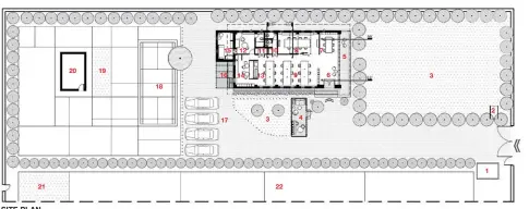  ??  ?? SITE PLAN 1. WELL
2. STAFF VANITY SPACE 3. MANICURED GREEN 4. THE CENTRE
5. DECK
6. LOBBY
7. LIBRARY
8. MEETING ROOM 9. STUDIO
10. WASHROOMS
11. STORE
12. QUIET ROOM
13. REPROGRAPH­ICS
AND PAPER PANTRY 14. PANTRY
15. STUDIO DEN 16. STUDIO SPILL- OUT SPACE 17. CARPARK
18. BADMINTON COURT
19. BAMBOO CLUSTER
20. MODEL WORKSHOP
21. KITCHEN GARDEN
22. MUSTARD FIELD