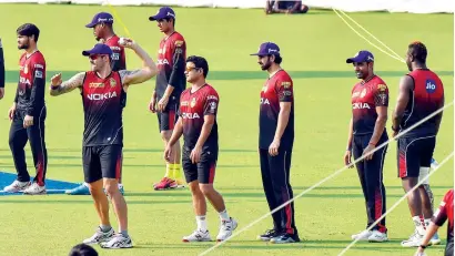  ?? PTI ?? Kolkata Knight Riders’ cricketers during a practice session at Eden Gardens in Kolkata on Friday. —