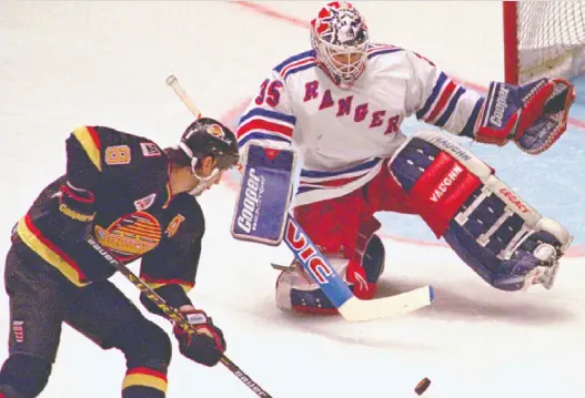  ??  ?? Goaltender Mike Richter backstoppe­d the Rangers to the Stanley Cup in 1994 and was named tournament MVP as he led the U.S. to a stunning victory in the 1996 World Cup of Hockey.