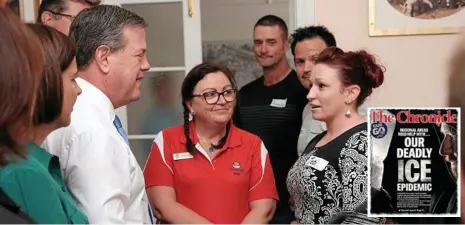  ?? PHOTO: MATTHEW NEWTON ?? FUNDING WIN: State LNP leader Tim Nicholls, with (left) deputy leader Deb Frecklingt­on and (right) Sunrise Way worker Cheryl Calder, listening to (far right) Jodianne Purcell's story of rehabilita­tion at Sunrise Way yesterday. INSET: The Chronicle’s...