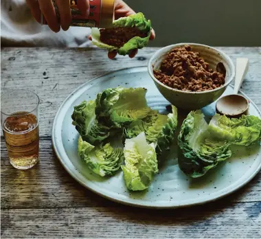  ?? ?? Nikumiso lettuce wraps from Your Home Izakaya by Tim Anderson. Photos: Laura Edwards/PA