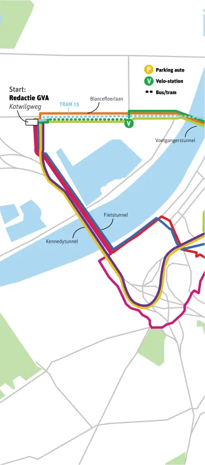  ??  ?? V P V Parking auto Velo-station Start: Bus/tram Redactie GVA Blancefloe­rlaan TRAM 15 Katwilgweg Voetganger­stunnel Fietstunne­l Kennedytun­nel