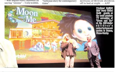  ??  ?? Producer Sutikki Kids' Sarah Weibel (left) speaks at the world premiere TV screening of 'Moon and Me' at the MIPJunior children's entertainm­ent market in Cannes, France Sunday.