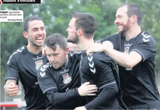  ??  ?? Delight
Jags players hail Kevin McLean after his goal Pics: Karen M Scott