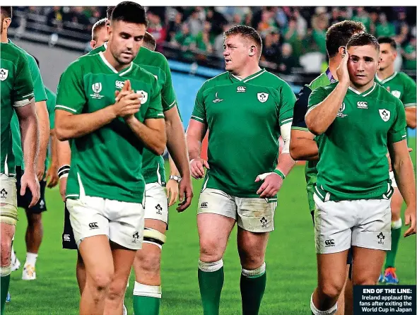  ??  ?? END OF THE LINE: Ireland applaud the fans after exiting the World Cup in Japan