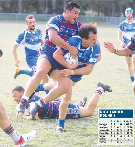  ?? Picture: AAP IMAGE/RICHARD GOSLING ?? Tugun’s Isacc Worboys is brought down by Shearers defenders in yesterday’s gritty contest.