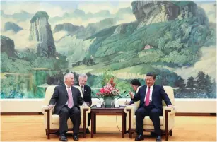  ?? (Lintao Zhang/Reuters) ?? US SECRETARY of State Rex Tillerson meets in Beijing with Chinese President Xi Jinping on Saturday at the Great Hall of the People.