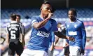  ??  ?? Alfredo Morelos sucks his thumb after scoring. Photograph: Getty Images