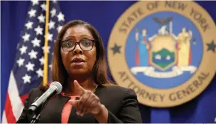  ?? Associated Press ?? ■ This Aug. 6 photo shows New York State Attorney General Letitia James taking a question at a news conference in New York. Federal regulators and a group of states launched a landmark antitrust offensive against Facebook, accusing the social network of abusing its market power in social networking to crush smaller competitor­s. “It’s really critically important that we block this predatory acquisitio­n of companies and that we restore confidence to the market,” James said during a press conference announcing the lawsuit.