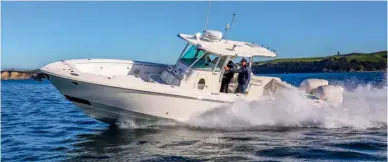  ??  ?? OPPOSITE Seven Marine’s 627S is the most powerful model in the company’s V8 outboard portfolio. These two are the first in New Zealand.LEFT The Everglades 350CC relished the extra horsepower.