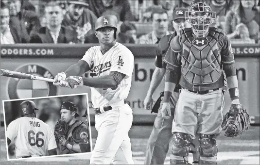  ?? AP (2) ?? HOT DOG: Yasiel Puig poses after hitting a home run during the Mets’ 8-1 blowout loss to the Dodgers on Wednesday night in Los Angeles. Puig, who took 32 seconds to stroll around the bases, got an earful from Travis d’Arnaud (inset).