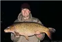  ??  ?? DAMIAN Davies braved the frosts at White Springs, in Wales, to be rewarded with this 22lb 3oz common, which took a Mainline Cell cork dust wafter on a German rig.