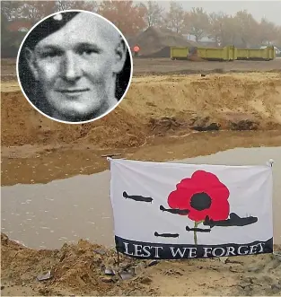  ??  ?? An aviation archaeolog­y working group member, Matthias Zeisler, at the site in Vechta, Germany, in 2019 where parts of a British World War II plane and the remains of Southland airman Sergeant Henry Pullar, inset, were discovered. DNA testing confirmed the remains belonged to Pullar.