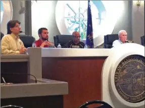  ??  ?? Members of the Ringgold city council listen to concerns from citizens regarding new proposed ordinances on Monday, Sept. 23. From left: Vice mayor Randall Franks, council member Nick Millwood, council member Earl Henderson, mayor Joe Barger. (Catoosa...