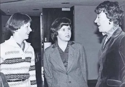 ?? SUBMITTED BY JOYCE MACDOUGALL ?? Flora MacDonald, right, campaigned with Cape Breton-The Sydneys Progressiv­e Conservati­ve candidate Joyce MacDougall, centre, in Sydney during the 1979 federal election campaign. Susan (O’Keefe) Muise, a volunteer on MacDougall’s campaign, also met...